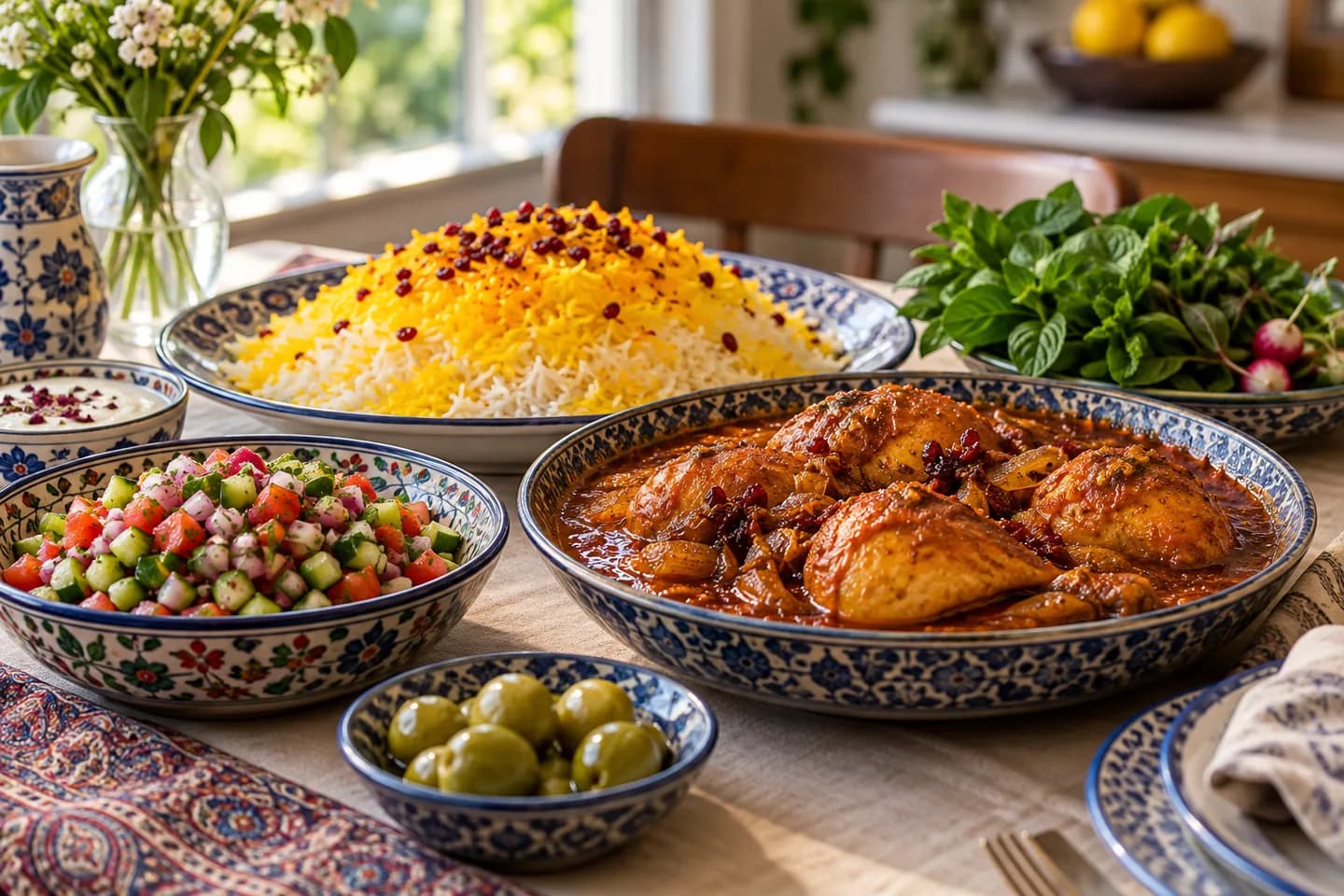 میز غذای ایرانی با برنج، مرغ و سالاد تازه